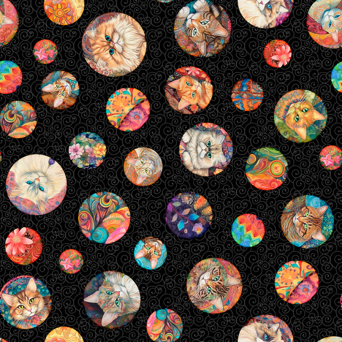 Quilt Room Kitties - Cat Circles Black 16" Remnant