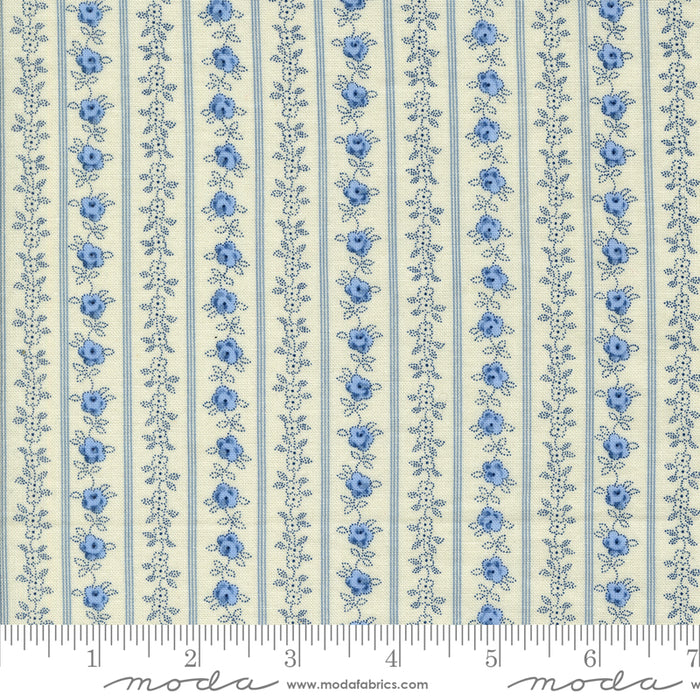 Hollyhocks & Roses - Floral Stripe Jasmine Sky