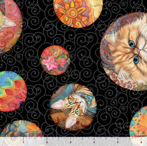 Quilt Room Kitties - Cat Circles Black 16" Remnant