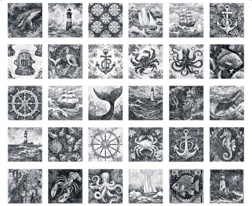 Ocean Blues Panel -  Nautical Motif Patches Charcoal