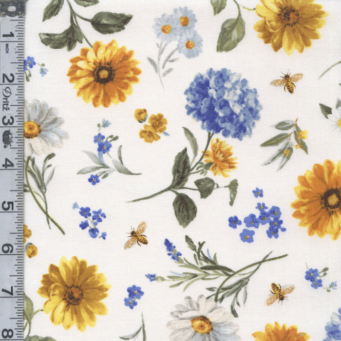 Bees & Blooms - Large Floral Toss White
