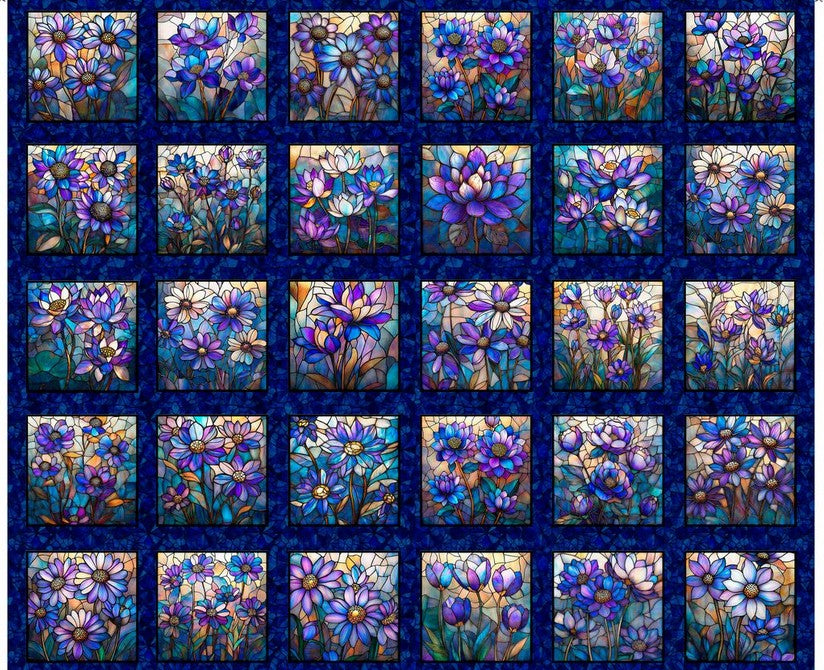 Mosaic Blooms - Stained Glass Floral Picture Panel Navy