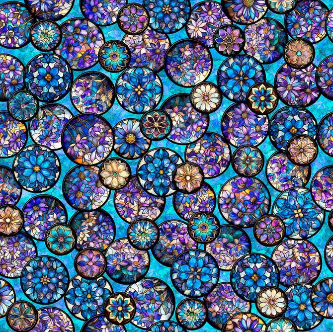 Mosaic Blooms - Floral Circle Vignettes Turquoise