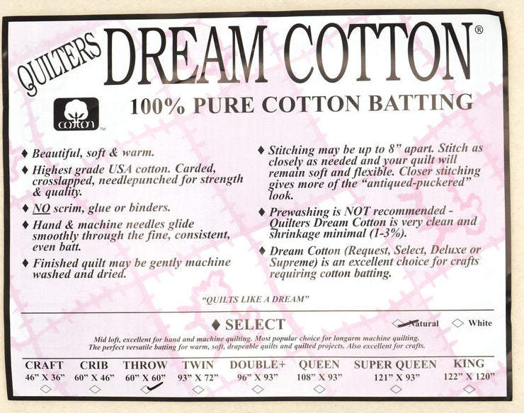 Quilter's Dream Cotton Select Natural Batting - Throw