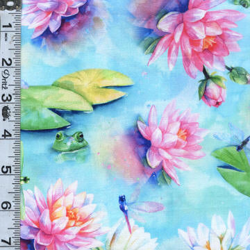 Wading With Water Lilies Digital Print - Frogs & Dragonflies Dewdrop 6-1/2" Remnant
